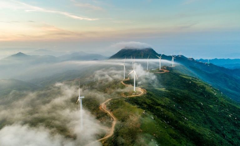 Cloudy mountain wind turbines