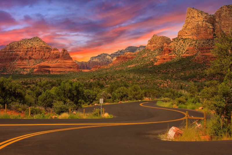 Mountain road sunset